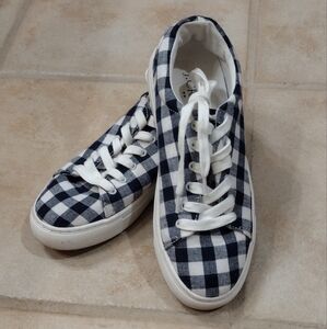 J Crew Road Trip Women Sz 5.5 Navy Blue Whit Gingham Plaid Canvas Shoe Sneakers